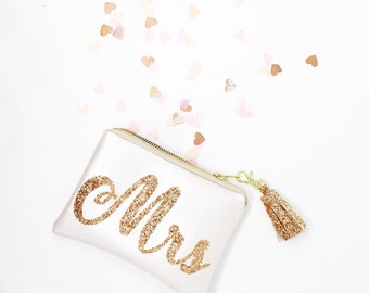 MRS clutch bag in faux leather with glitter lettering and glitter tassel