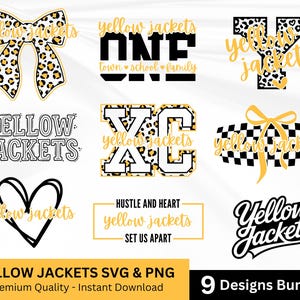 May include: A digital design bundle featuring nine graphics with the text yellow jackets. Elements include a leopard print bow, the word ONE, a letter Y, a heart, the letters XC, a checkered pattern with a bow, and various script fonts.