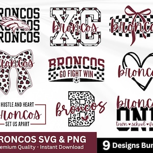 Puede incluir: Una colección de nueve diseños gráficos digitales que presentan la palabra Broncos en varias fuentes y estilos, incluyendo patrones de leopardo, lazos, corazones, un balón de fútbol y textos como Go Fight Win, Hustle and Heart y One Town School Family.