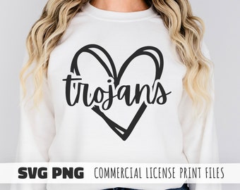 May include: White sweatshirt with a black heart design and the word "trojans" inside the heart.