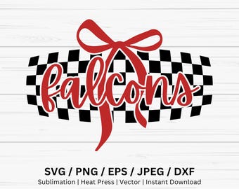 Checkered Falcons Png, School Spirit Wear, Game Day Vibes, Falcons Bow Svg, Checkered Sports Mascot Png, Sublimation Designs