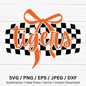 Tigers Checkered Mascot with Bow PNG Image, Tigers Merch, Clipart Cut File, Tigers Bow Svg, Tigers Varsity, Dtf Sublimation Shirt, Tiger Png