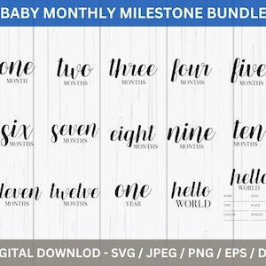Fichier Svg d'étape mensuelle de bébé, Bonjour tout le monde, laser d'étape importante de bébé, signes d'étape mensuelle, ensemble de nombres d'étape de bébé, Svg Png Eps Dxf