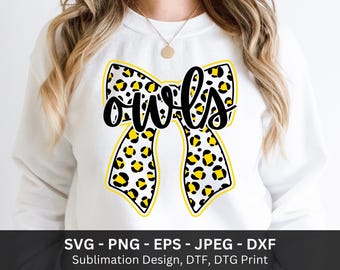 Mascotte Hibou SVG PNG, T-shirt esprit d'équipe, Design par sublimation, PNG jour de match, Nœud papillon léopard Hibou SVG, PNG équipe de football (Téléchargement numérique)