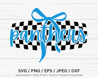 May include: A digital graphic design featuring the word panthers in a bright blue script font, layered over a black and white checkered pattern, with a large blue bow centered above the text. The text SVG PNG EPS JPEG DXF is below.