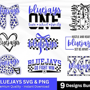 May include: A collection of nine digital designs featuring the word "Bluejays" in various styles. Designs include a bow, a heart, a football helmet, and text arrangements. The designs are in blue, black, and white, with leopard print accents.
