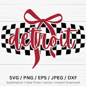 Detroit Checkered Mascot with Bow PNG Image, Detroit Merch, Clipart Cut File, Detroit Bow Svg, Detroit Varsity,Dtf Sublimation Detroit Shirt
