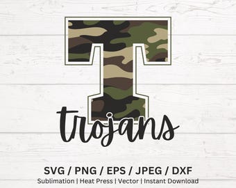 Camo Trojans Mascot PNG, Retro Letters (Digital Files)