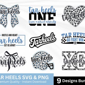 May include: A collection of nine digital designs featuring the text "Tar Heels" in various styles. Designs include a bow, heart, and football helmet with leopard print accents. The designs are in blue, black, and white.