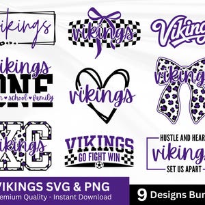 May include: A collection of nine digital graphic designs featuring the word Vikings in purple script and block lettering. The designs incorporate elements like leopard print, checkered patterns, bows, hearts, and sports themes in purple, black, and white.