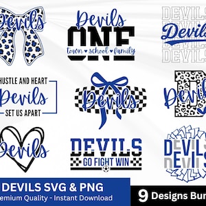 May include: A collection of nine digital graphic designs featuring the word Devils in blue and black. Elements include a leopard print bow, a checkered pattern, a large letter D, a heart shape, and sports-themed text like Go Fight Win.