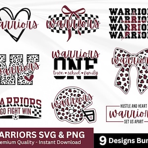 Puede incluir: Un paquete de diseños digitales con nueve gráficos que incluyen la palabra warriors en letra cursiva granate. Los elementos incluyen un corazón, patrones de cuadros, lazos, una letra W grande con estampado de leopardo, un casco y texto.