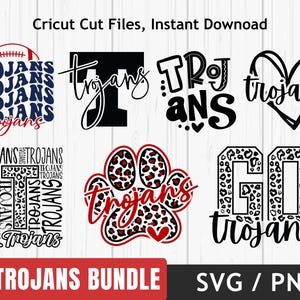 Seven unique Trojans mascot digital designs including leopard print paw, varsity block letters, retro wavy text, and football-themed graphics in red, black, and blue colors.
