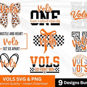 Può includere: Un pacchetto di design digitale con nove illustrazioni grafiche con il testo Vols in arancione e nero. I design includono un fiocco con stampa leopardata, un motivo a scacchi, un contorno a cuore e una tipografia sportiva con frasi come One Town School Family.