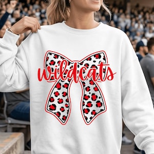 Wildcats Red and Black PNG Leopard Bow Script, Game Day Sports, School Spirit Shirt Design Sublimation File (Digital Download)