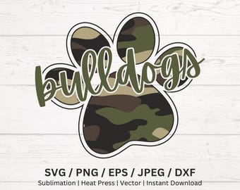Bulldogs Camo Paw Print, Mascot SVG PNG, Game Day Shirt (Digital Artwork)