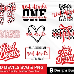 Może przedstawiać: Cyfrowy pakiet projektowy zawierający dziewięć grafik Red Devils. Elementy obejmują kokardę w panterkę, serce, flagę w szachownicę z czerwoną kokardą oraz różne style typograficzne z tekstem Red Devils, One Town School Family i Lady Red Devils.