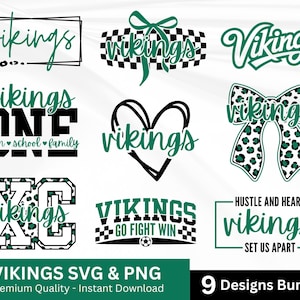 Może przedstawiać: Kolekcja dziewięciu cyfrowych projektów graficznych przedstawiających słowo Vikings w różnych zielonych i czarnych stylach, w tym wzory w panterkę, szachownicę, kokardy, serca oraz teksty sportowe, takie jak One Town School Family.