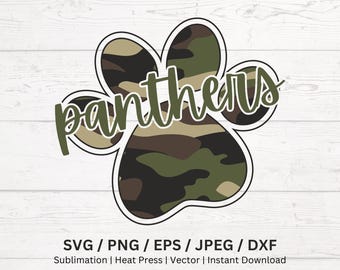 Camo Panthers SVG Paw Print Digital Download for Sublimation School Spirit Sports Team Gameday
