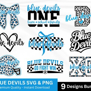 May include: Nine digital designs with the text "Blue Devils" in different styles. Designs include a bow, heart, football helmet, and the letters "D" and "XC", in blue and black. The designs are for digital use.