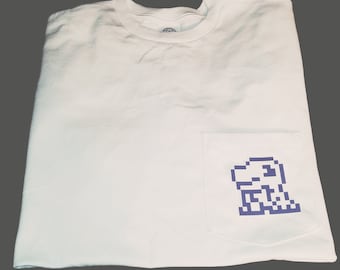 May include: White t-shirt with a purple pixelated dinosaur design on the pocket.