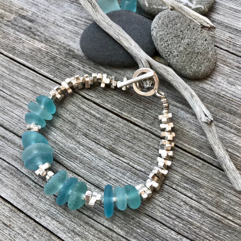 Sterling Silver Bracelet Beach Glass Bracelet Toggle Clasp Sea Glass Bracelet Sea Glass Jewelry Aqua Sea Glass Beach Glass Jewelry