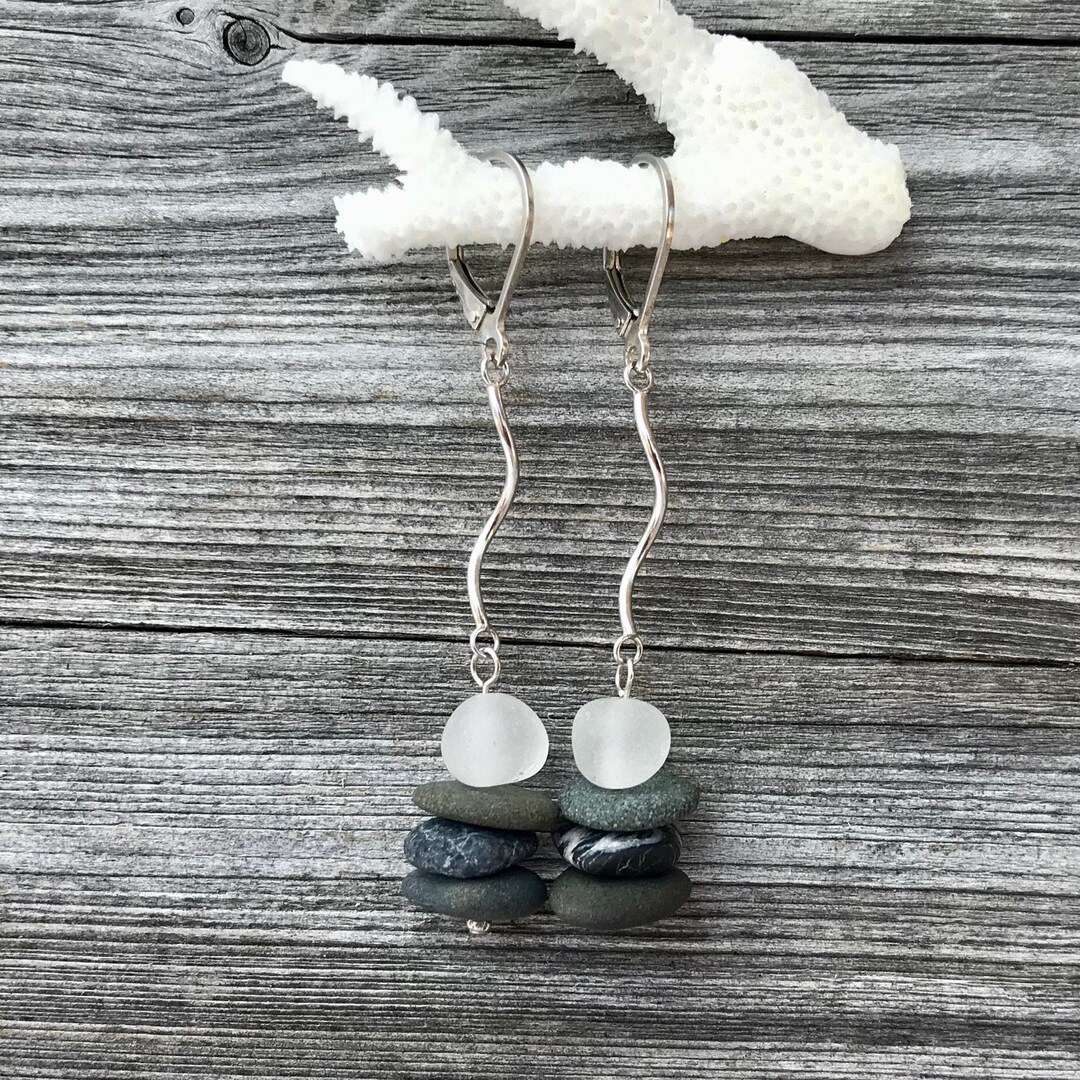 Sea Glass Earrings, Beach Glass Earrings, Pebble Earrings, Dangle and