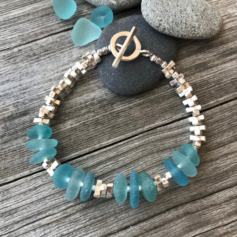 Sterling Silver Bracelet Beach Glass Bracelet Toggle Clasp Sea Glass Bracelet Sea Glass Jewelry Aqua Sea Glass Beach Glass Jewelry