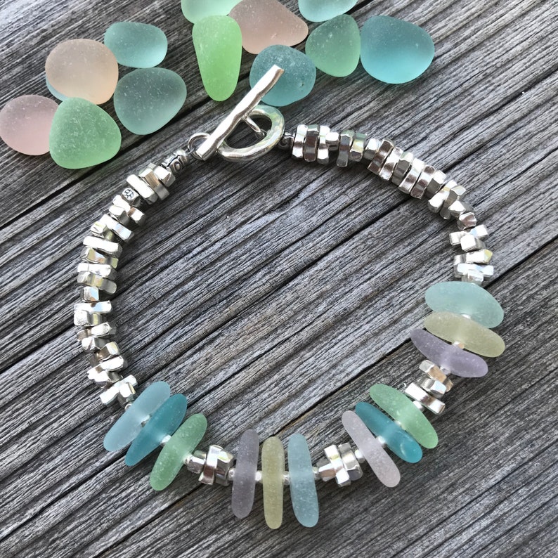 Sea Glass Bracelet, Beach Glass Bracelet, Sea Glass Jewelry, Beach Glass Jewelry, Sterling Silver Bracelet, Pastel Sea Glass, Toggle Clasp image 2