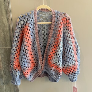 Blue, Orange, Purple Ombre Crochet Granny Square Cardigan Sweater - Handmade Crochet Sweater Oversize Fit