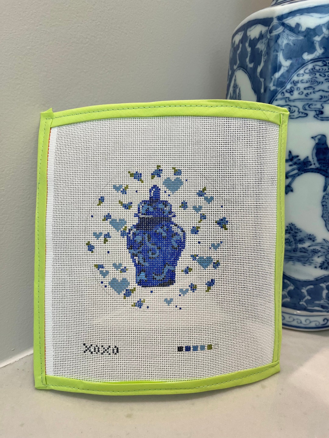 Hand Painted Blue and White 18 Mesh Needlepoint Canvas Chinoiserie Ginger Jar With Blue Hearts
