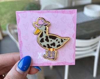 Pink Cow Cowgirl Duck Enamel Gold Pin - Western Duck in Cowboy Boots Pin