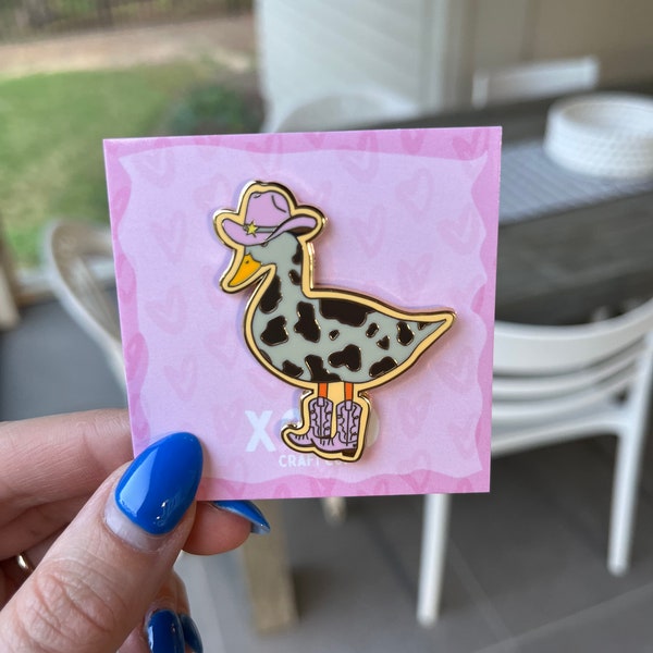 Pink Cow Cowgirl Duck Enamel Gold Pin - Western Duck in Cowboy Boots Pin