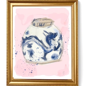 Grandmillenial Decor Digital Art Print - Ginger Jar Illustration - Instant Download - Blue and White Ginger Jar