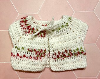 White, Pink, and Green Baby Shrug Sweater - Handmade Crochet