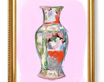 Impresión de arte digital Grandmillenial - Famille Rose Vase Ginger Jar Art Print - Ilustración de descarga instantánea