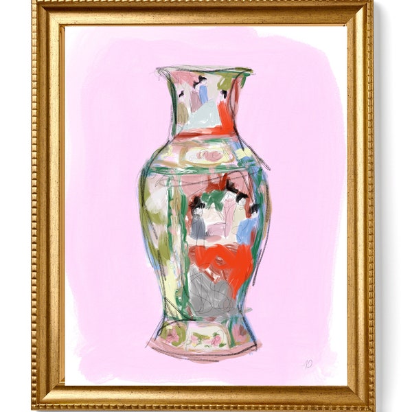 Grandmillenial Digital Art Print - Famille Rose Vase Ginger Jar Art Print - Instant Download Illustration