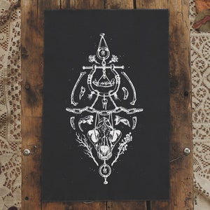 May include: A black and white illustration of a skull with bones and other objects arranged around it. The image is printed on a canvas and framed with a wooden frame.