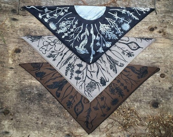 WINTER FLORA • Handmade Screen-Printed Recycled Cotton Bandana • Alter Cloth • Tarot Cloth