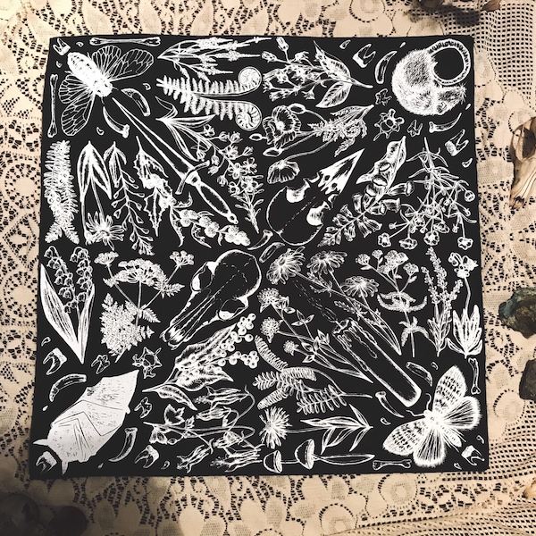 Antidotes or Imminent Harm • Screen-Printed Recycled Cotton Bandana • Altar Cloth • Tarot Cloth