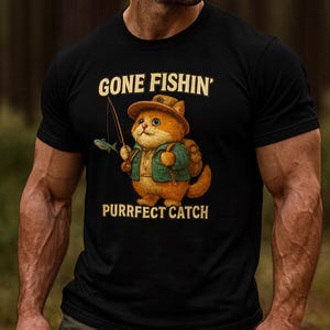 Gone Fishin&#39; Cat Tee, Fishing Lovers, Cute Fisherman Cat Graphic Tee, Outdoor Fishing T-Shirt, Purrfect Catch Gift for Cat Lovers & Anglers