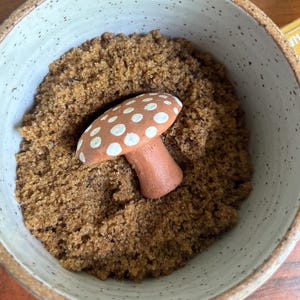May include: A ceramic bowl filled with brown sugar, featuring a decorative mushroom. The mushroom has a brown stem and a white-spotted cap. The bowl has a speckled, light-colored exterior and a dark brown rim.