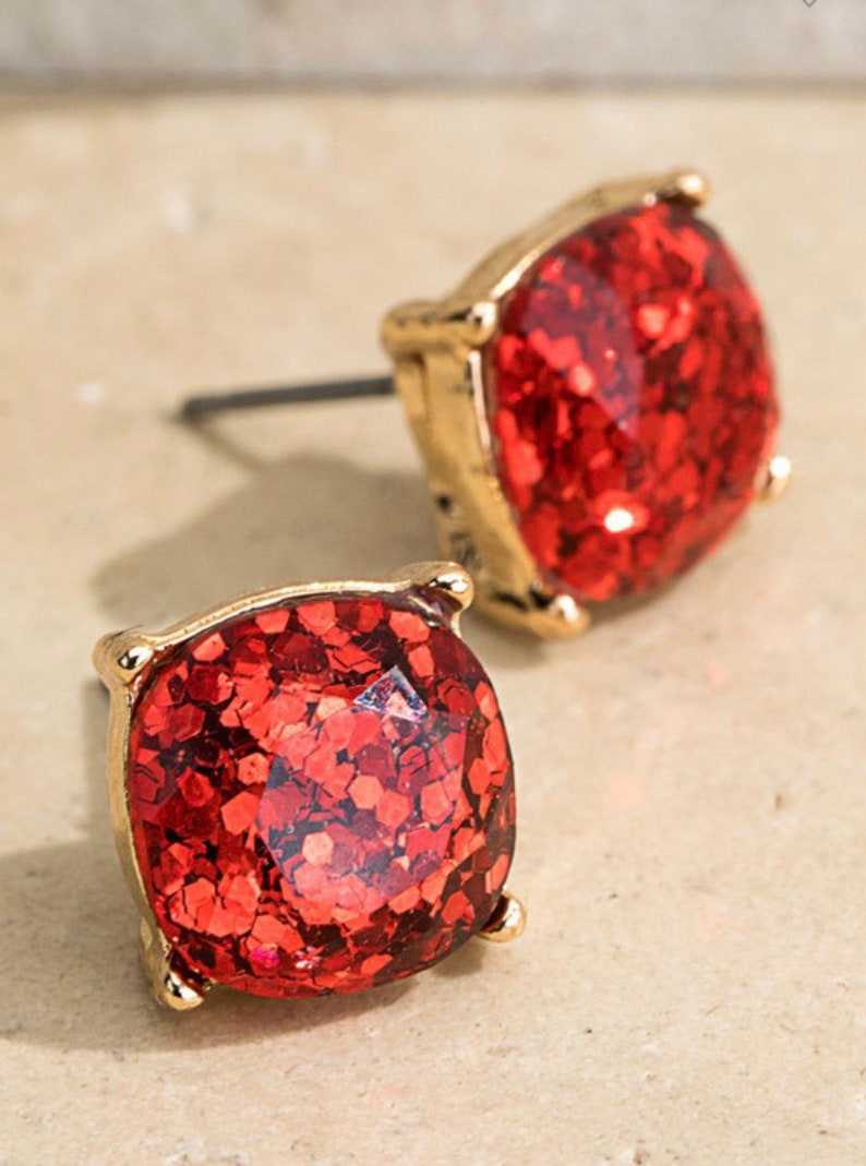 Red Glitter Stud Earrings ~ Post Earrings ~ 100/% Handmade Jewelry ~ Charming ~ Sparkling