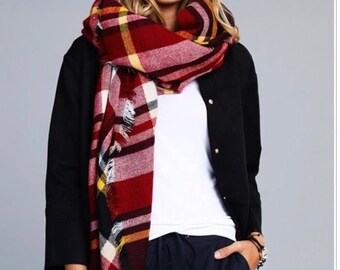 Burgundy Plaid Blanket Scarf