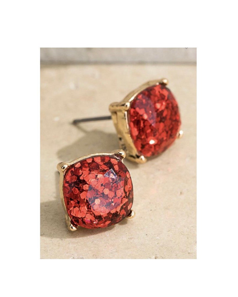 Red Glitter Stud Earrings ~ Post Earrings ~ 100/% Handmade Jewelry ~ Charming ~ Sparkling