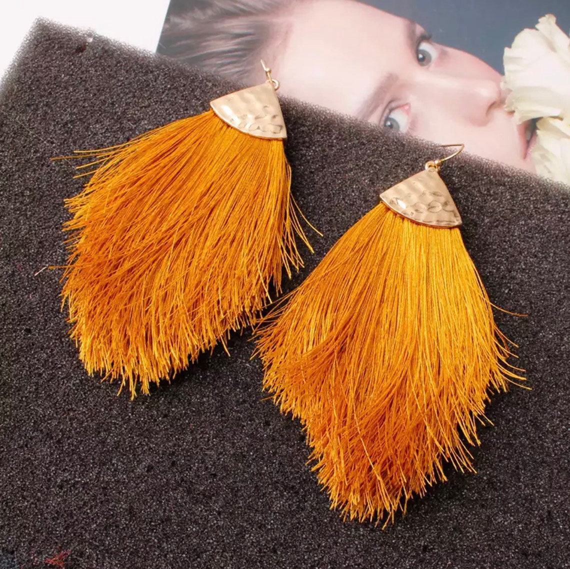 Mustard Yellow Fringe Earrings Hammered Metal Statement Etsy