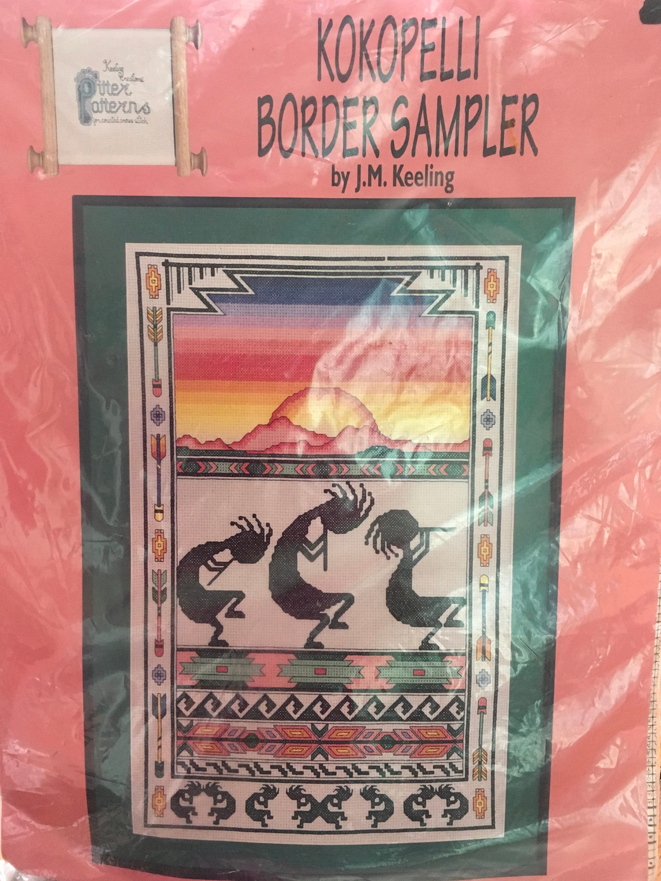 kokopelli border sampler counted cross stitch jmkeeling