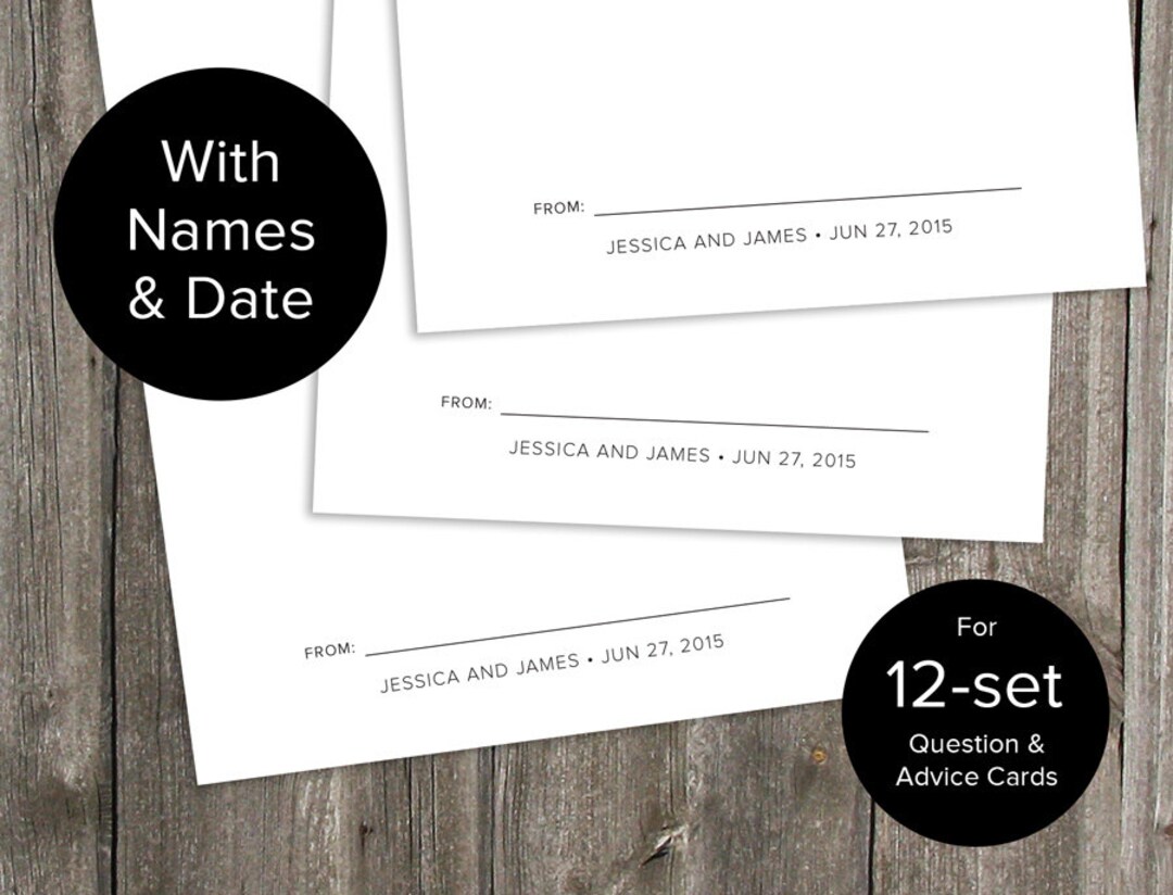 Custom With Names & Date for 12-set Wedding Question and Advice Cards ...