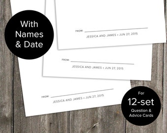 Custom with Names & Date for 12-set Wedding Question and Advice Cards - Printable Download
