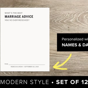 Personnalisé avec noms et date pour les cartes de questions et de conseils de mariage modernes de 12 ensembles - Téléchargement imprimable